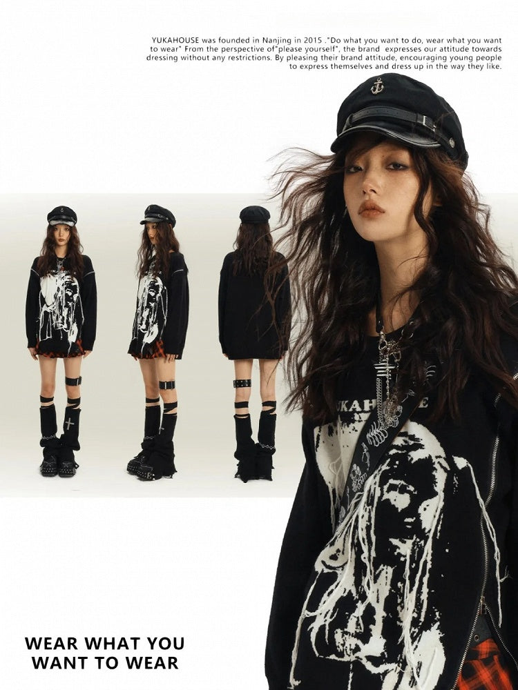 Black Punk Rock Zips Design Loose Round Neck Sweater