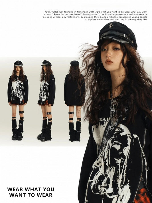 Black Punk Rock Zips Design Loose Round Neck Sweater