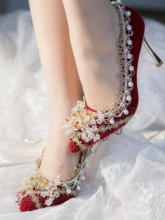 Red Beaded Floral and Charm 5CM/7CM/9CM Cheongsam Style Hime Lolita High Heels