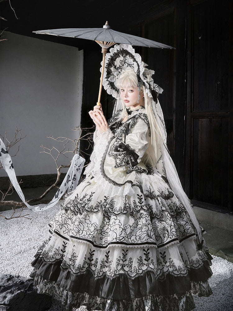 Shimmer Butterfly Fabric White and Black Chinoiserie Style Ink and Wash Lolita Dress Long Version