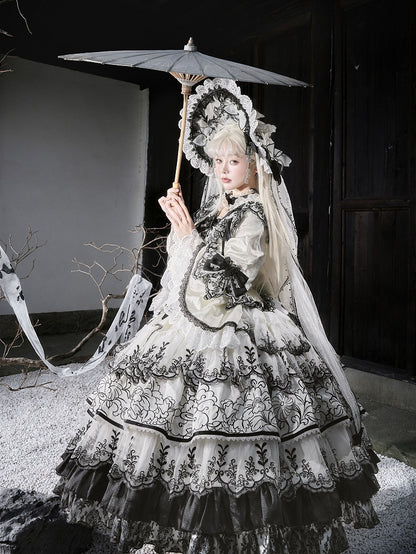 Shimmer Butterfly Fabric White and Black Chinoiserie Style Ink and Wash Lolita Dress Long Version