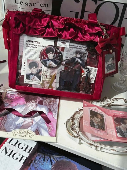 Wine Red Satin Ruffle Trims Self-tie Straps Ita Bag With Bow Card Holder