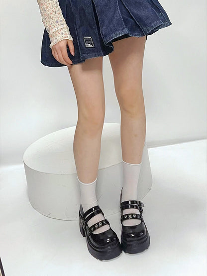 Black Heart-shaped Silver-toned Grommet Studs Platform Block Heel Mary Janes