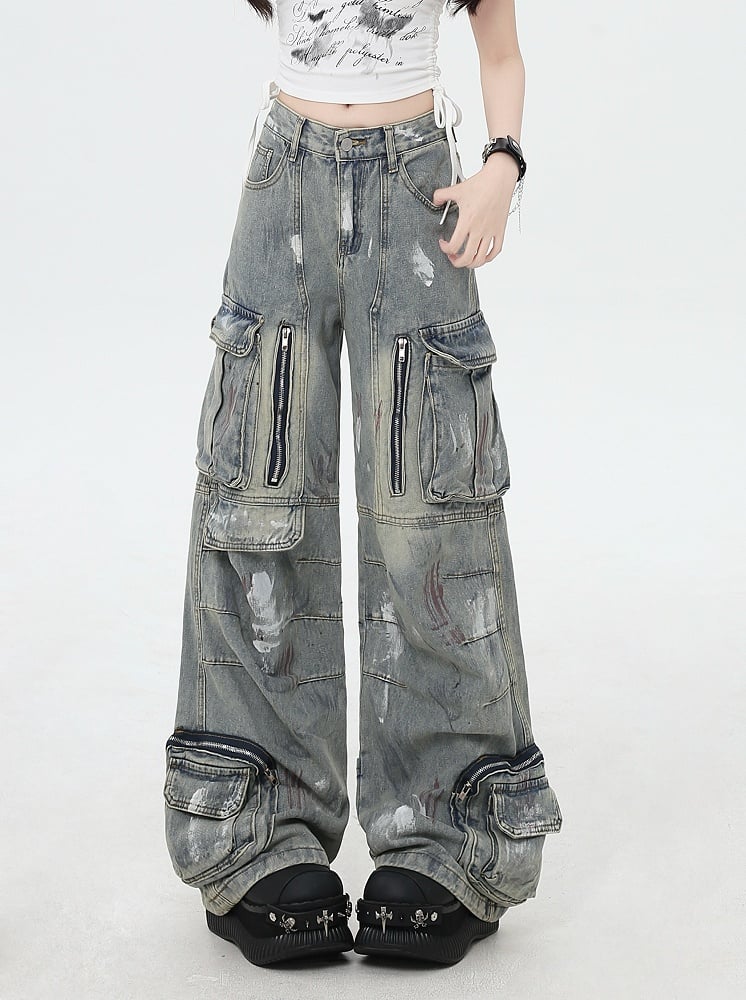 Black/Light Blue Low Rise Spray Paint Print Wide-leg Cargo Jeans