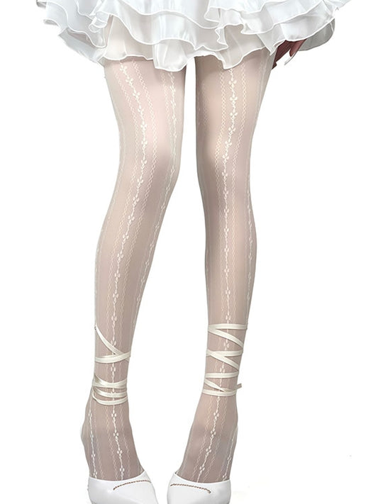 White/Black Y2K Floral Pattern Self-tie Straps Tights