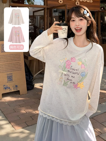 Sweet Floral Print Lace Trim Biege/Pink Round Neck Top