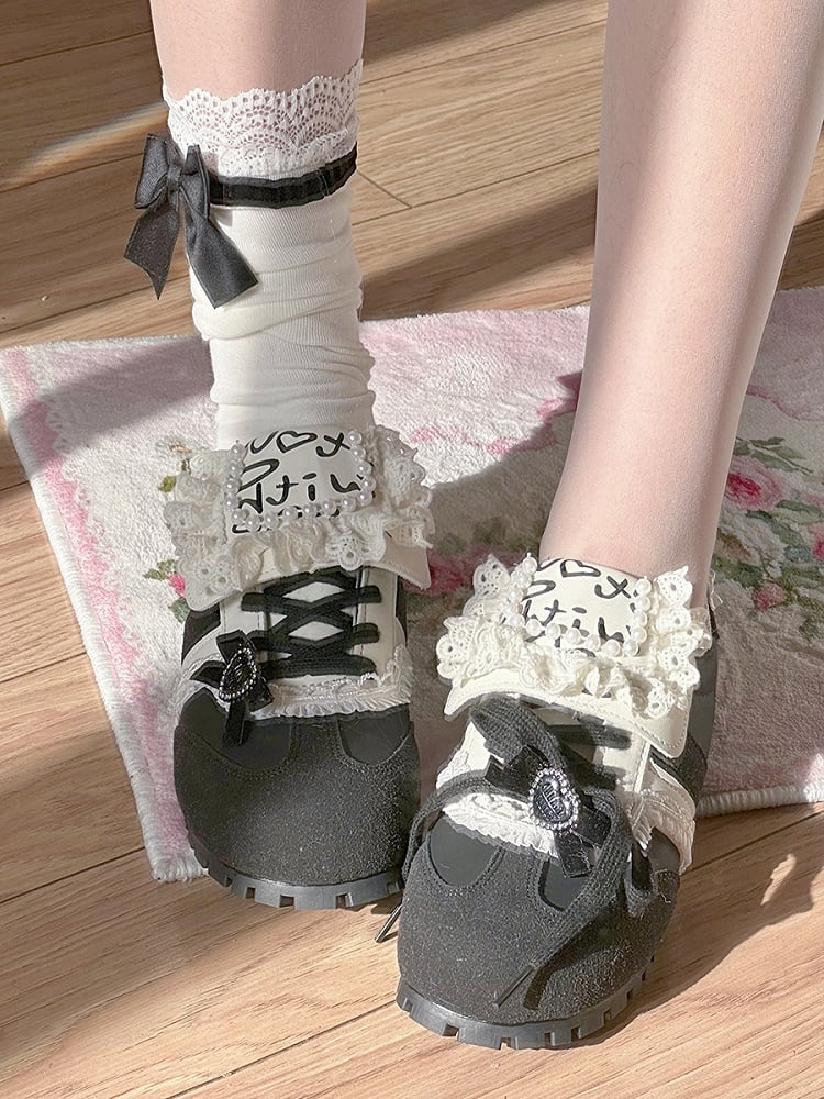 Bead Details Bow Accents Black and White Sneakers