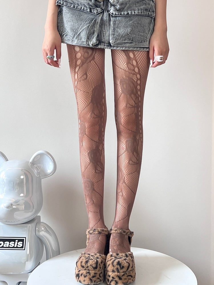 Black/White/Brown Y2K Cut-out Design Floral Pattern Tights