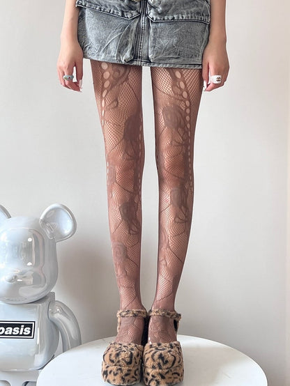 Black/White/Brown Y2K Cut-out Design Floral Pattern Tights