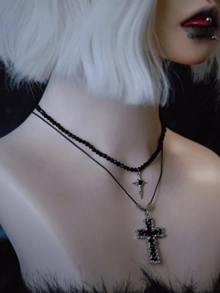 Gothic Black Cross Pendant Necklace Set