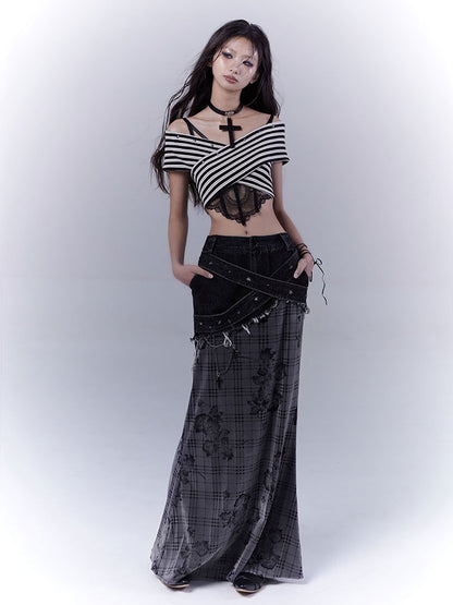 Black Low Waist Criss-cross Studded Strap Plaid Rose Mermaid Skirt