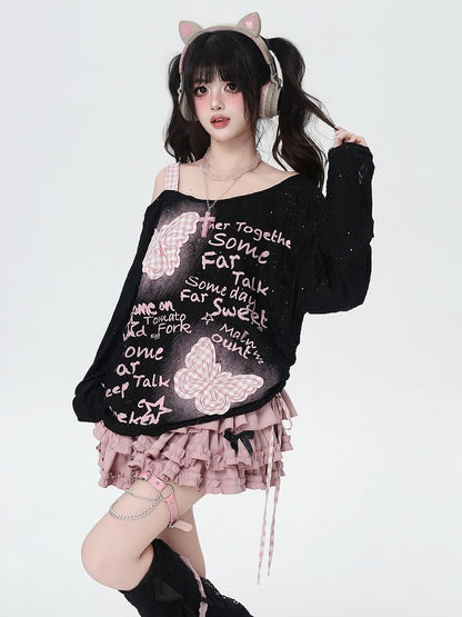 Sweet Pink Plaid Butterfly Appliques Asymmetrical Neckline Black/Apricot Top