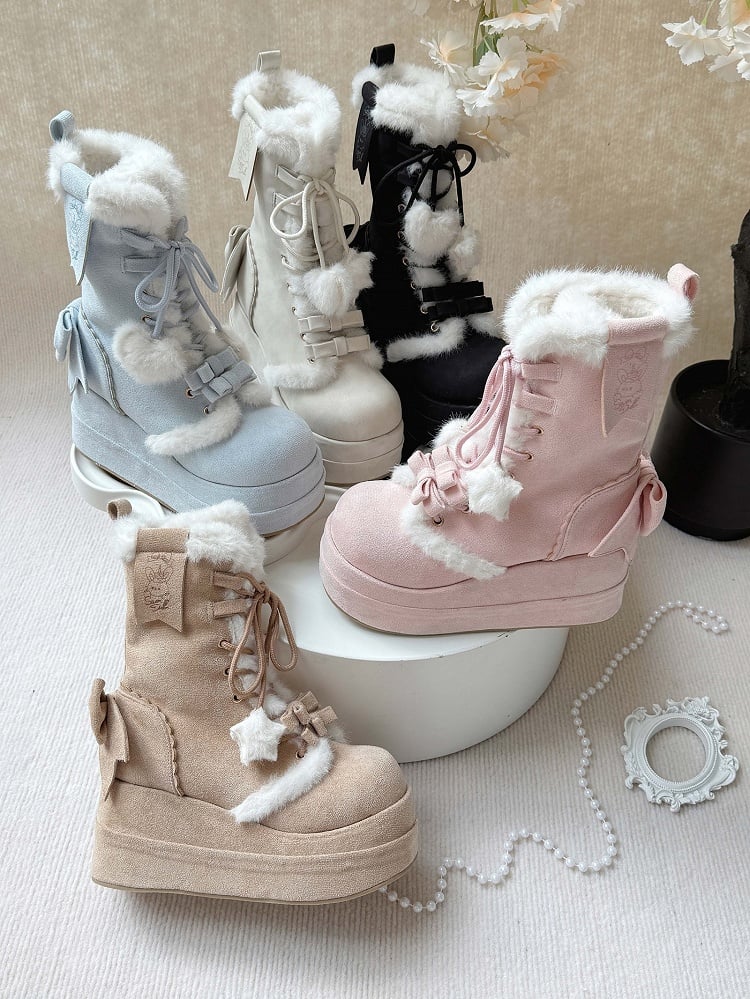 Pink Sweet Lolita Platform Boots - Plush Star & Heart Charm Laces with Bow Accents