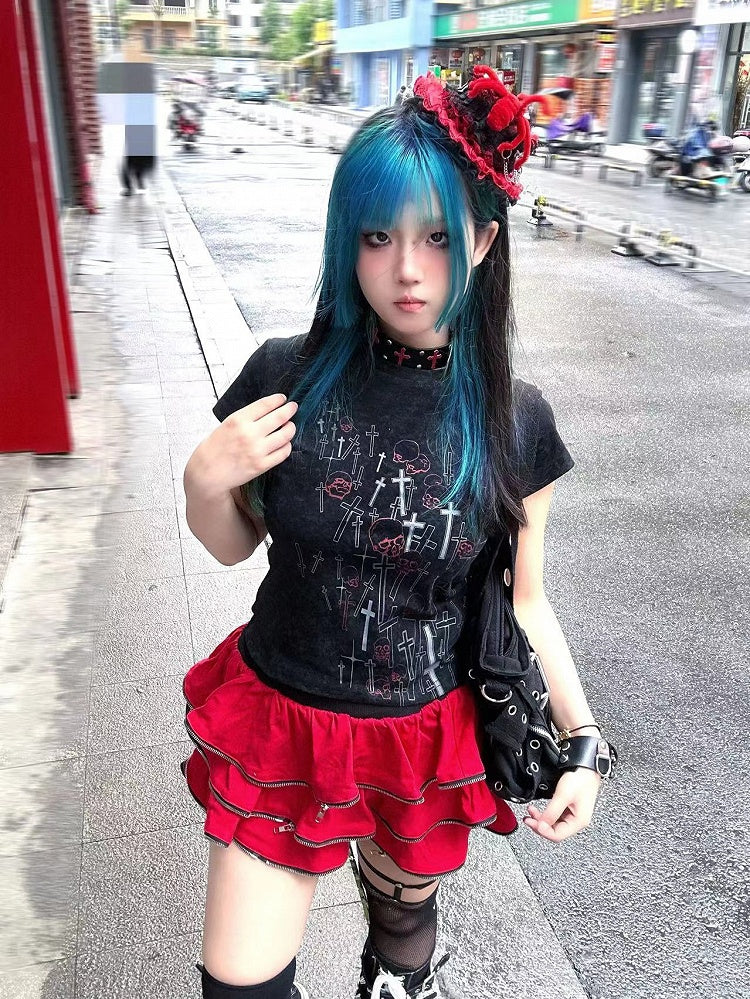 Black/White Skeleton and Cross Pattern Top