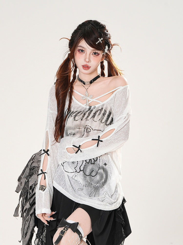 Black/White Asymmetrical Neckline Kitty Print Semi-sheer Coverup