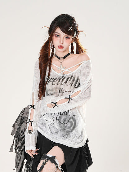 Black/White Asymmetrical Neckline Kitty Print Semi-sheer Coverup