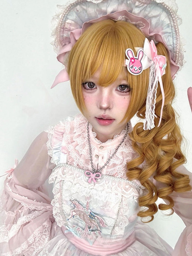 Yellow 30CM Length Synthetic Wig With Double Ponytail Claw Clips