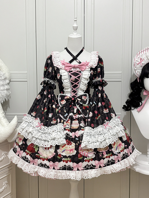 Strawberry Cake Print Black Sweet Lolita Short Sleeves Dress with Detachable Bell Sleeves