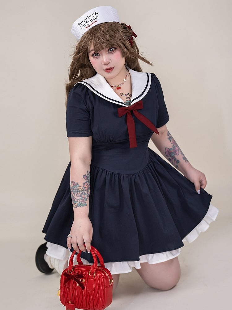 Plus Size Blue Sailor Collar Basque Waist Summer Dress