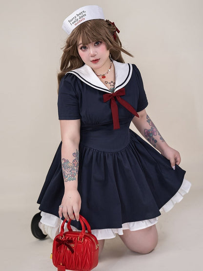 Plus Size Blue Sailor Collar Basque Waist Summer Dress