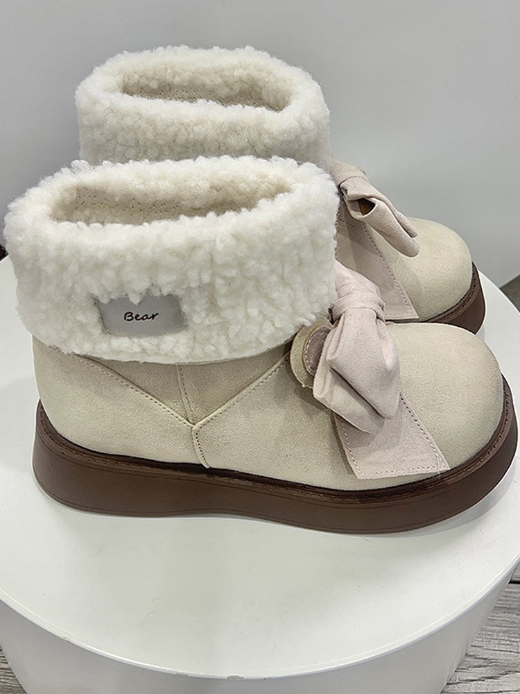 Beige Bunny Ear Design Bowknot Platform Winter Ugg Boots