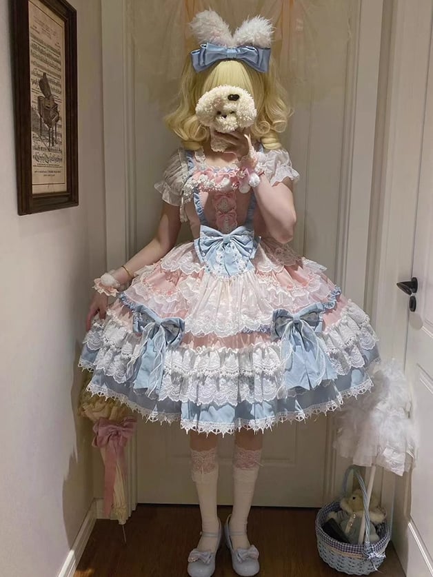 Blue and Pink Princess Dress Detachable Bows and Bead Details Sweet Lolita Dress