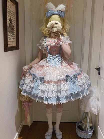 Blue and Pink Princess Dress Detachable Bows and Bead Details Sweet Lolita Dress
