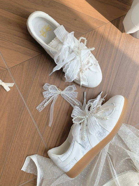 White Beaded Decorated Bow at Top Lace Front Lace-up Ties Sneakers