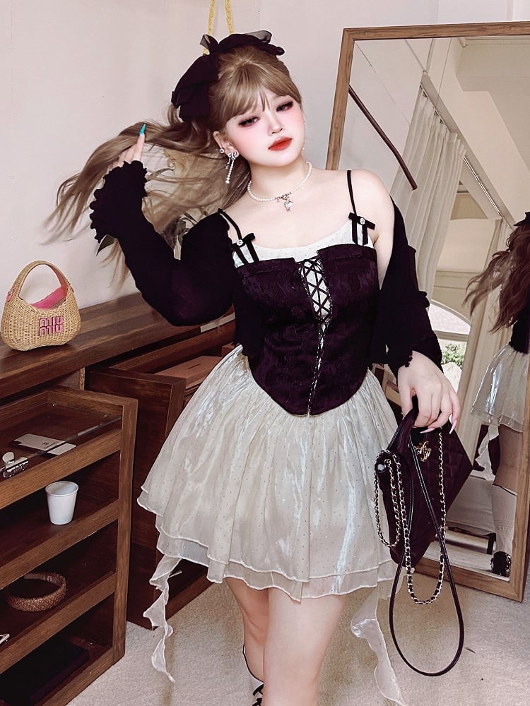 Plus Size Rhinestoned Bowknots Black Lace-up Top