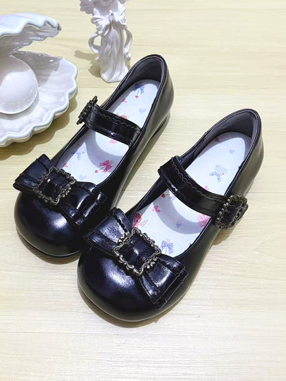 Low-heel Classic Black Lolita Mary Janes in PU - Round Toe with Bow Detail & Frame Accents