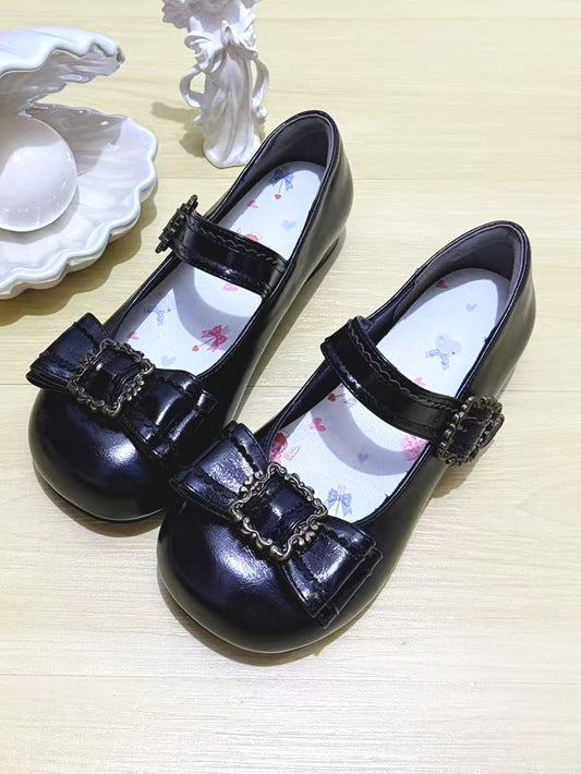 Low-heel Classic Black Lolita Mary Janes in PU - Round Toe with Bow Detail & Frame Accents