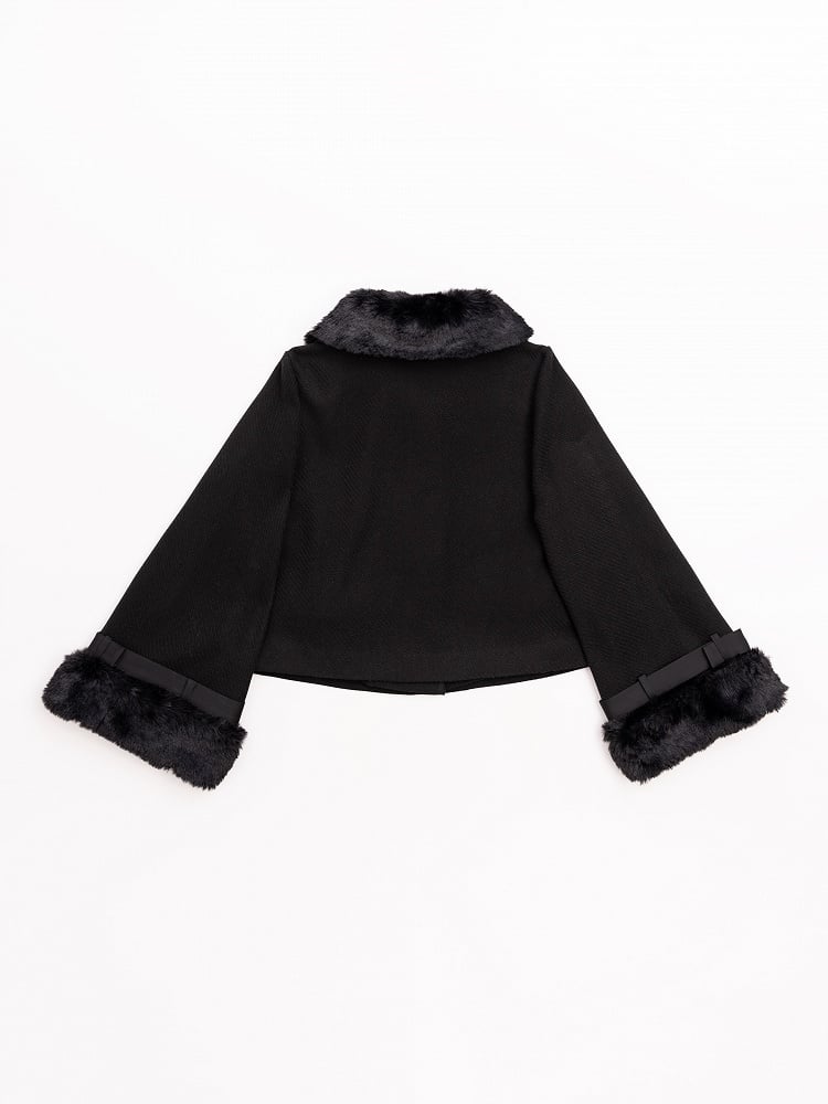 Jirai Kei Black Detachable Faux Fur Collar and Cuffs Landmine Style Coat