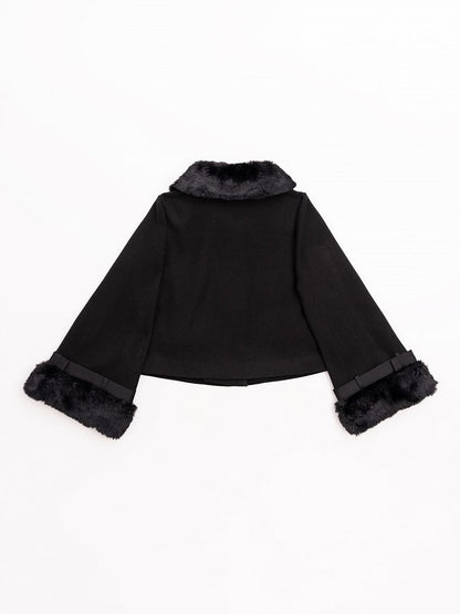 Jirai Kei Black Detachable Faux Fur Collar and Cuffs Landmine Style Coat