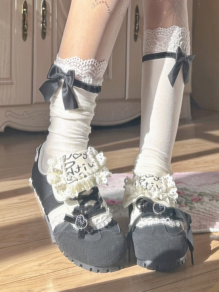 Bead Details Bow Accents Black and White Sneakers