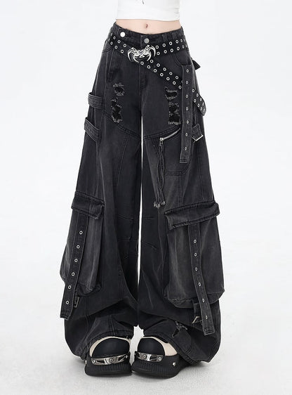 Black Low Rise Distressed Holes Wide-leg Cargo Jeans