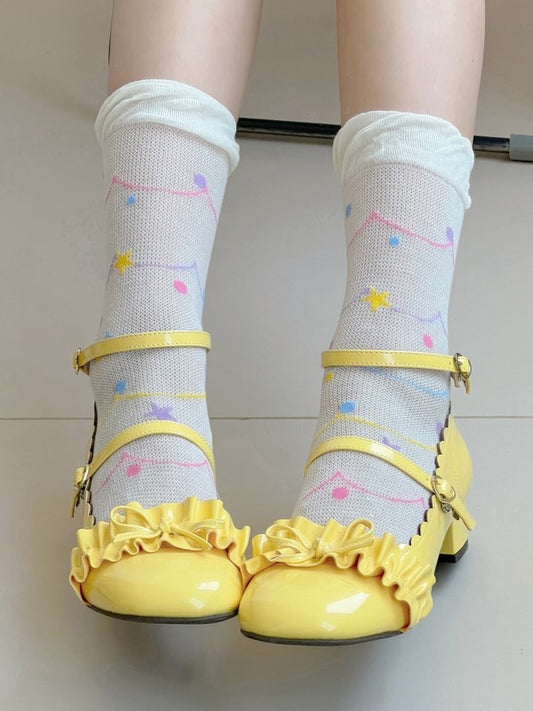 White/Beige Hollow-out Calf Socks With Star And Polka-dot Pattern