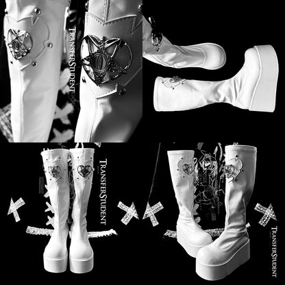 Heart Design Silver-tone Studs White Punk Boots