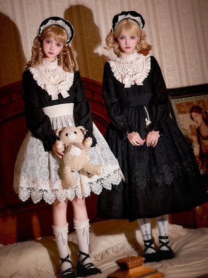 Clearance-Size S for Bust 88CM Beige Ruffle Neckline Black High Waist Long Balloon Sleeves Lolita Dress Short Version