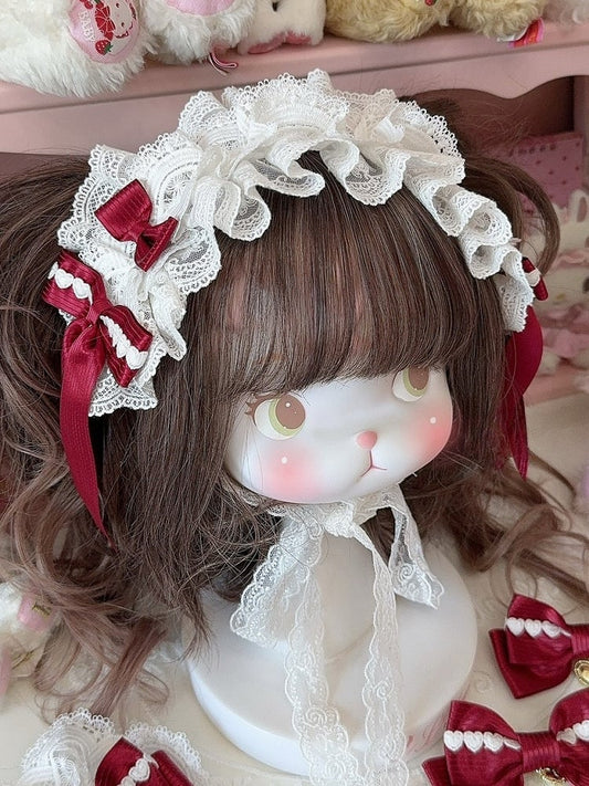 White&Red Heart Decorated Striped Pattern Bowknot Details Ruffled Hairband