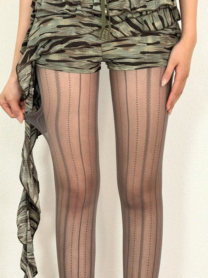 Brown/Gray/White/Black Y2K Striped Pattern Tights