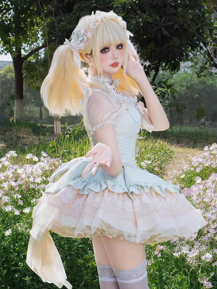 Green Boned Basque Waist Jacquard Fabric Hime Lolita Balletcore Puffy Dress JSK with Big Bow Train