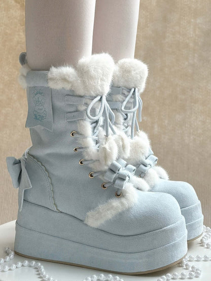 Sweet Blue Snow Boots For Lolita - Plush Interior with Star & Heart Lace Charms & Delicate Bows