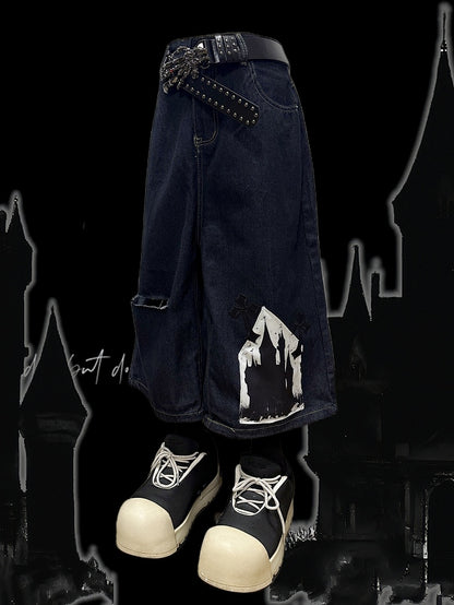 Dark Blue Y2K Cross Applique Distressed Holes Design Wide-Leg Cargo Shorts