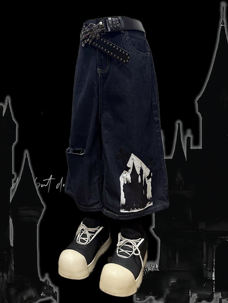 Dark Blue Y2K Cross Applique Distressed Holes Design Wide-Leg Cargo Shorts