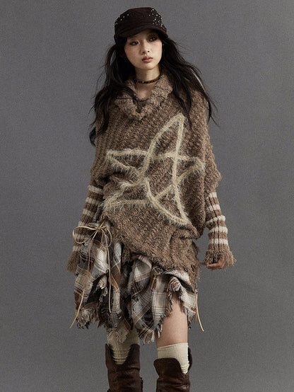 Brown Vintage Punk Batwing Sleeves Loose Five-pointed Star Sweater