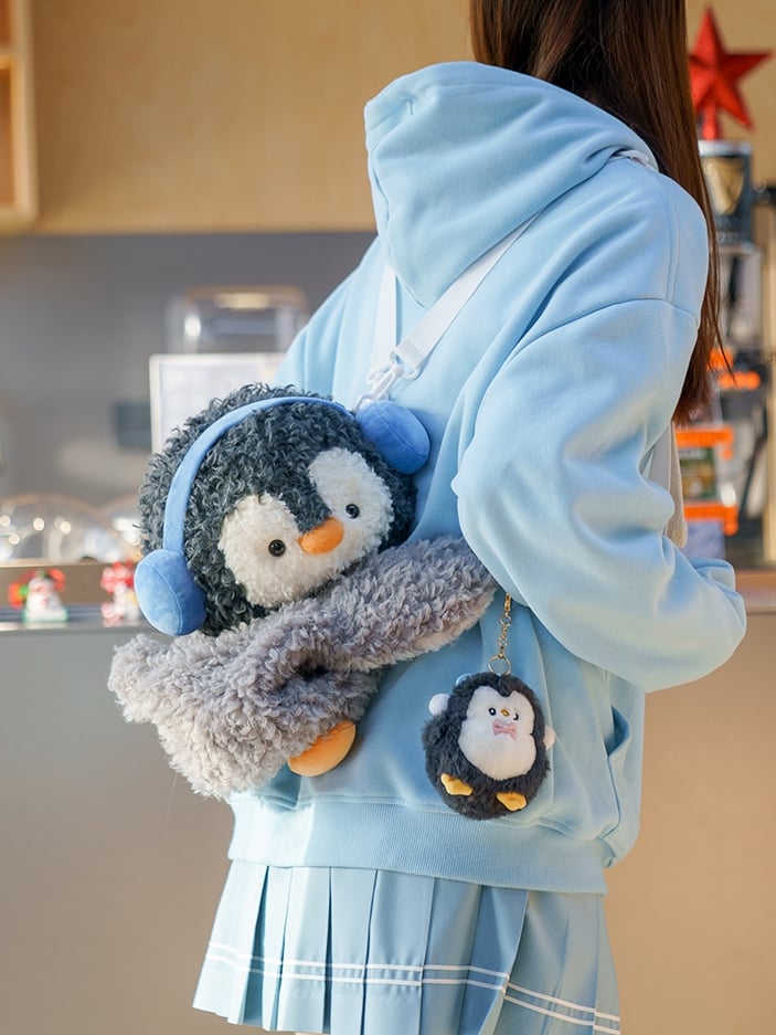 Gray Cute Penguin Plush Backpack/Crossbody Bag + Keychain