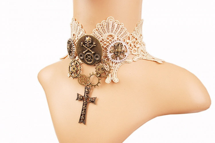 Steampunk Gears Cross Pendant Lace Choker
