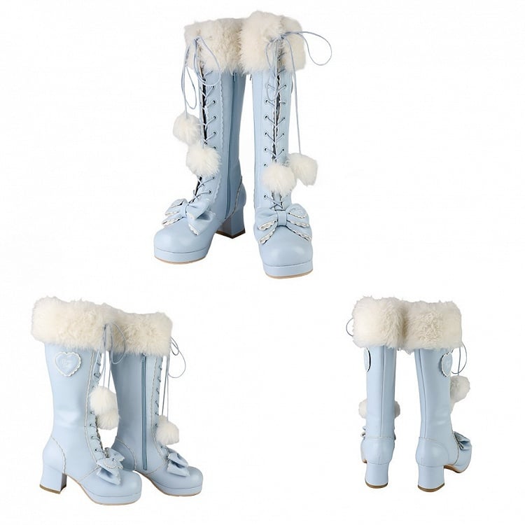 Mid-heel Blue Knee-Highs in PU with Plush Cuff, Bow Decor & Lace+Zip Fastening