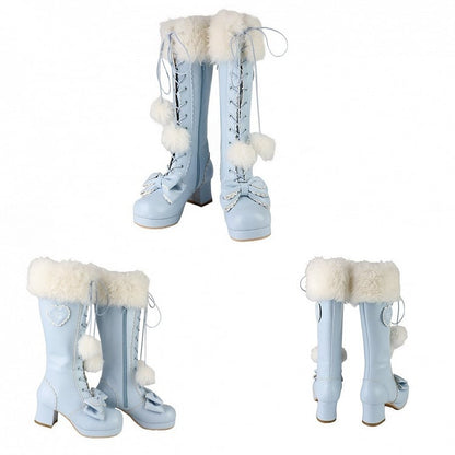 Mid-heel Blue Knee-Highs in PU with Plush Cuff, Bow Decor & Lace+Zip Fastening
