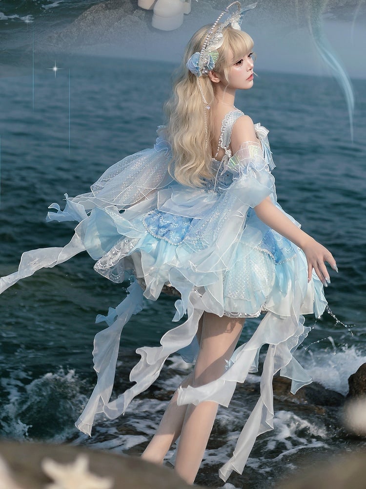 Light Blue Bead and Sequins Details Cascading Ruffle Accents Princess Lolita JSK Full Set
